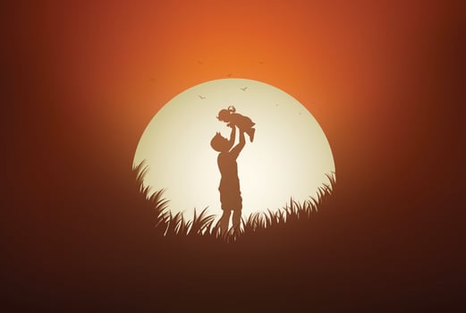Happy Father's Day. Father and his daughter child girl playing outdoors with sunset vector