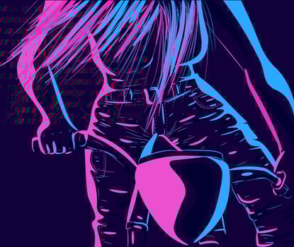 Modern neon illustration of a motorcyclist riding a bike. Silhouette of a metalhead woman in leather jeans on a scooter. vector