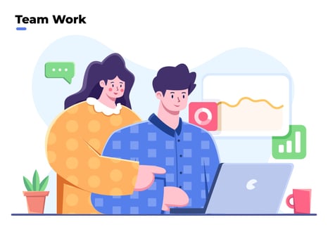 Flat illustration of business teamwork collaboration at office with employee use laptop computer. Sitting at office Desk and Discussing Idea. People talking and working at the computers office. vector