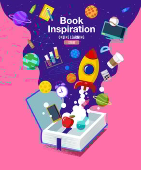 Book Inspiration, ideas coming out of books and into space, vector illustration.