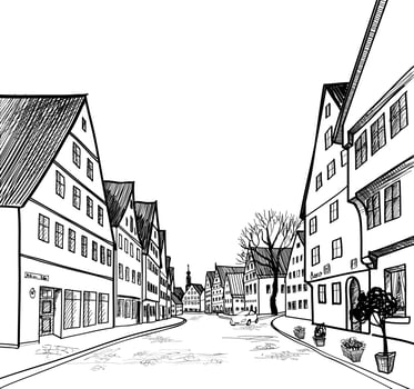 Street cafe in old city. Cityscape skyline - houses, buildings and tree in alleyway. vector