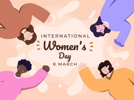 Happy International Women's Day at 8 march with nationalities diversity flat illustration. Women with different ethnics celebrating women's day together. Festive woman day. Greeting card, Banner vector