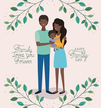 family day card with black parents and son vector