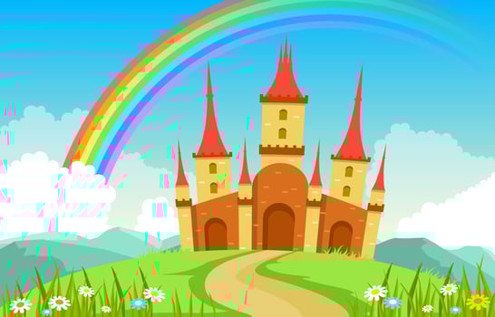 Castle Palace Rainbow in Fairyland Fairy Tales Landscape Illustration vector