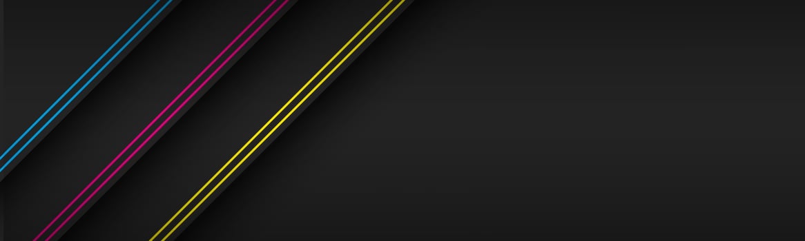 Black modern material header with diagonal lines in cmyk colors. Banner for your business. Vector abstract widescreen background