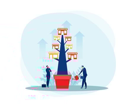 Franchise shop  business with growth tree.  Real estate business promotional  SME Flat vector illustration.
