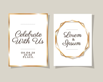 Two wedding invitations with gold frames vector design