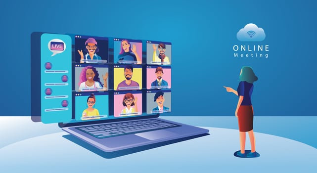 Virtual event People using Video conference, Working Businesswoman on window screen taking with colleagues. Videoconferencing and online meeting workspace page, men and women learning Vector, Flat vector