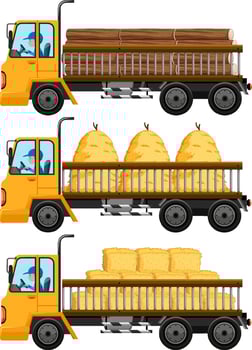 Set of tow truck carrying hay isolated background vector