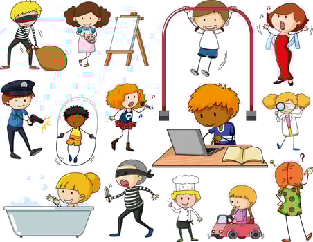 Set of different doodle kids cartoon character vector