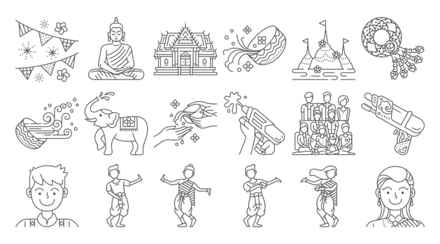 Songkran thailand festival linear icon set vector