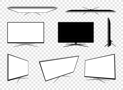 Led tv 3d realistic mockup. Led tv frame with blank display templates, different angles vector