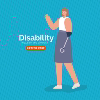 Disability awareness poster with woman with arm prosthesis vector design