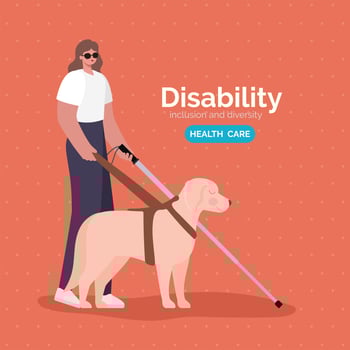Disability awareness poster with blind woman with cane and dog vector design