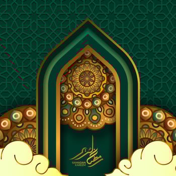 islamic event greeting card template. Illustration of gate door mosque with circle round mandala, ramadan kareem golden calligraphy, and green background vector