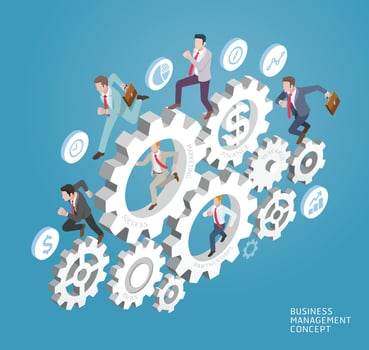 Business management concept. Business people run on gears. Vector Illustrations.