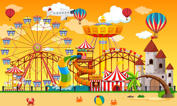 Amusement park scene at daytime with balloons in the sky vector