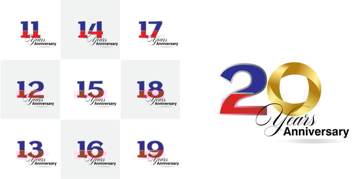 set of 11, 12, 13, 14, 15, 16, 16, 17, 18, 19, 20  Year Anniversary number set vector