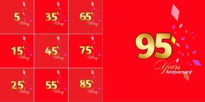 set 5, 15, 25, 35, 45, 55, 65, 75, 85, 95  Year Anniversary celebration numbers set vector