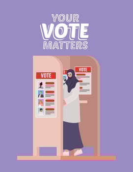 muslim woman at voting booth with your vote matters text vector design