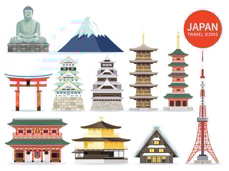 Japan famous landmark icons. Vector illustrations.