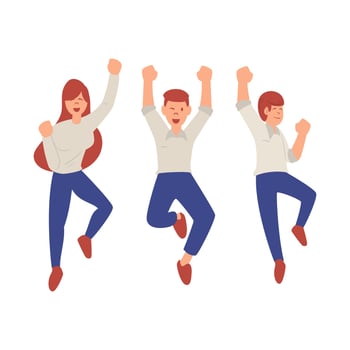 Happy jumping people simple flat style. Young smiling woman and man celebrating victory vector illustration on white background. The concept of friendship, healthy lifestyle, success.