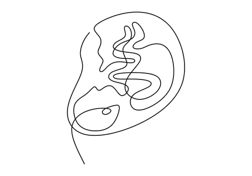 Baby in womb one single line drawing. Cute unborn fetus baby on mother womb isolated on white background. Pregnancy health care concept. Minimalism style. Vector sketch illustration