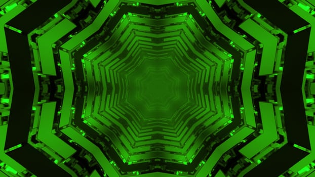 Geometric 3d illustration of repeating dynamic green snowflake shaped patters photo