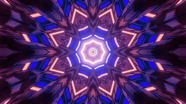 3D illustration of geometric pattern in neon lights in motion in tunnel photo
