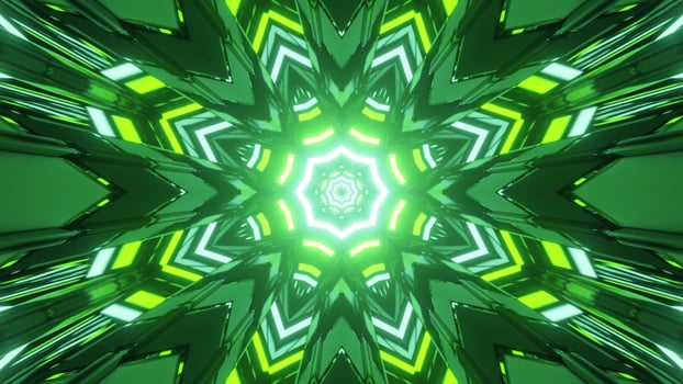 3D illustration of green and yellow kaleidoscope pattern with bright illumination photo