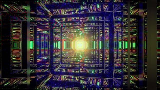 3D illustration of chaotic labyrinth with neon lights reflecting in walls photo