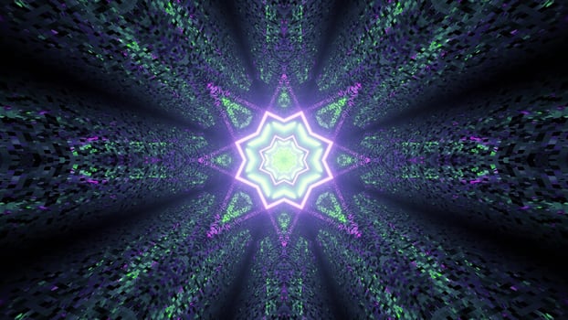 3D illustration of star shaped ornament glowing in dark tunnel with tiled walls photo