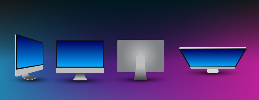 Desktop computer 3d realistic mockup. Desktop computer frame with blank display templates, different angles views. vector