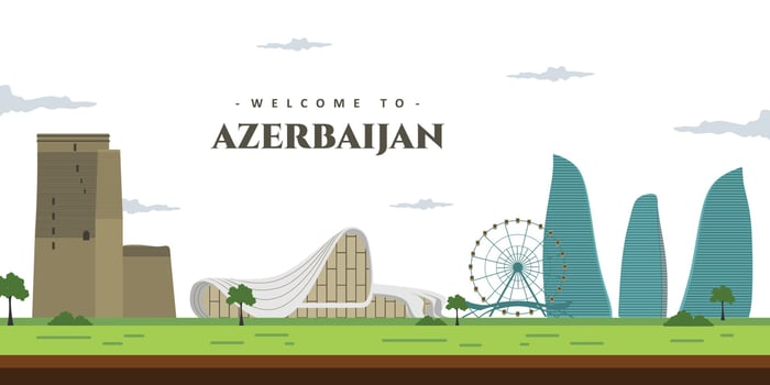 City landscape of Azerbaijan with famous building landmark. Welcoming to Azerbaijan. World vacation travel Asia, Asian collection. Cartoon style web site vector illustration