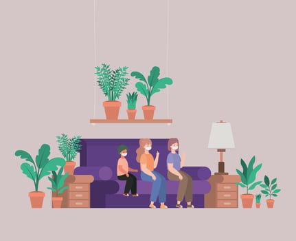 Family wearing face masks at home vector