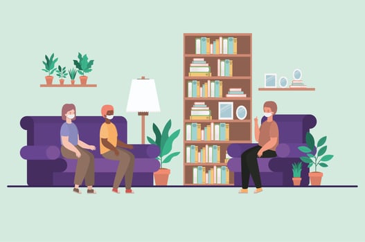 Family with face masks at home vector design