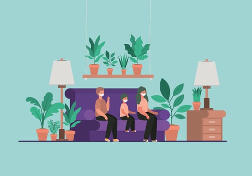 Family with masks at home vector design