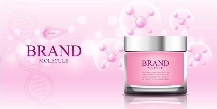 Cosmetic molecule pink background with 3d packaging vector illustration
