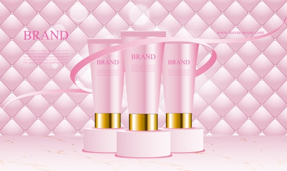 Pink uphostery background with podium cosmetics product vector