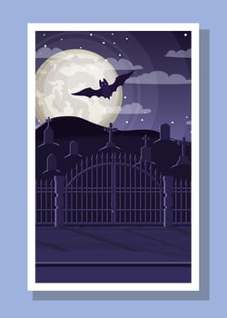 halloween season card with bat flying in cemetery vector