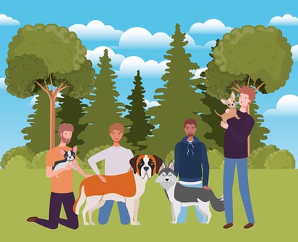 group of men with cute dogs mascots in the camp vector