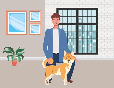 young man with cute dog mascot in the room house vector