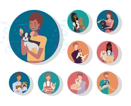 young people with cute dogs mascots characters vector