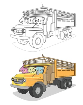 Kawaii cats in the truck, cartoon coloring page for kids vector
