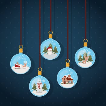 Merry Christmas card with ornaments hanging vector