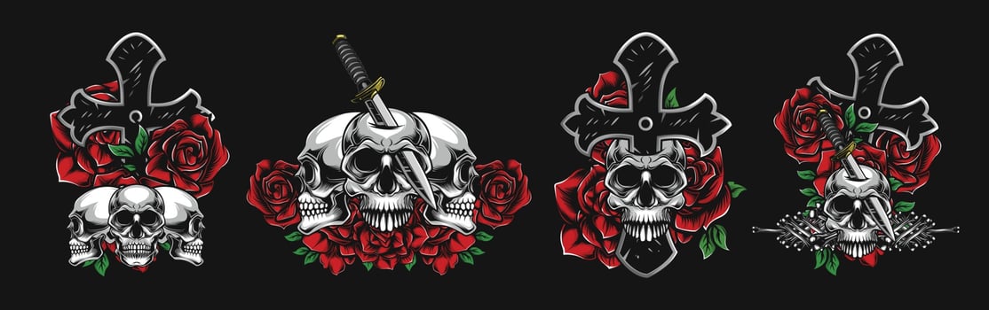 concept of colored skulls, crosses, flowers, knives vector