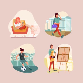 Independent Women Daily Routine Icon Set vector