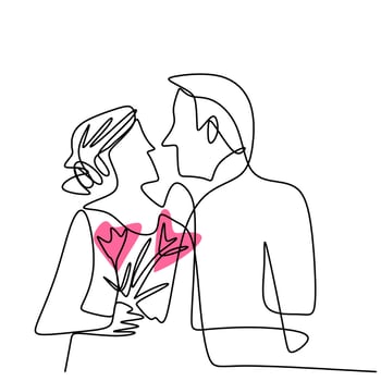 Continuous one line drawing of loving couple woman and man in romantic pose. Young male and female are in happiness moment isolated on white background. Vector illustration minimalism style