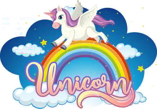 Cartoon character of unicorn standing on rainbow with unicorn font vector