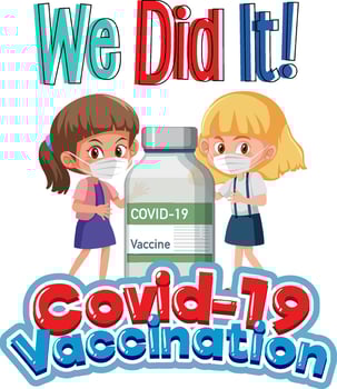 Covid-19 Vaccination font with cartoon character of girls vector
